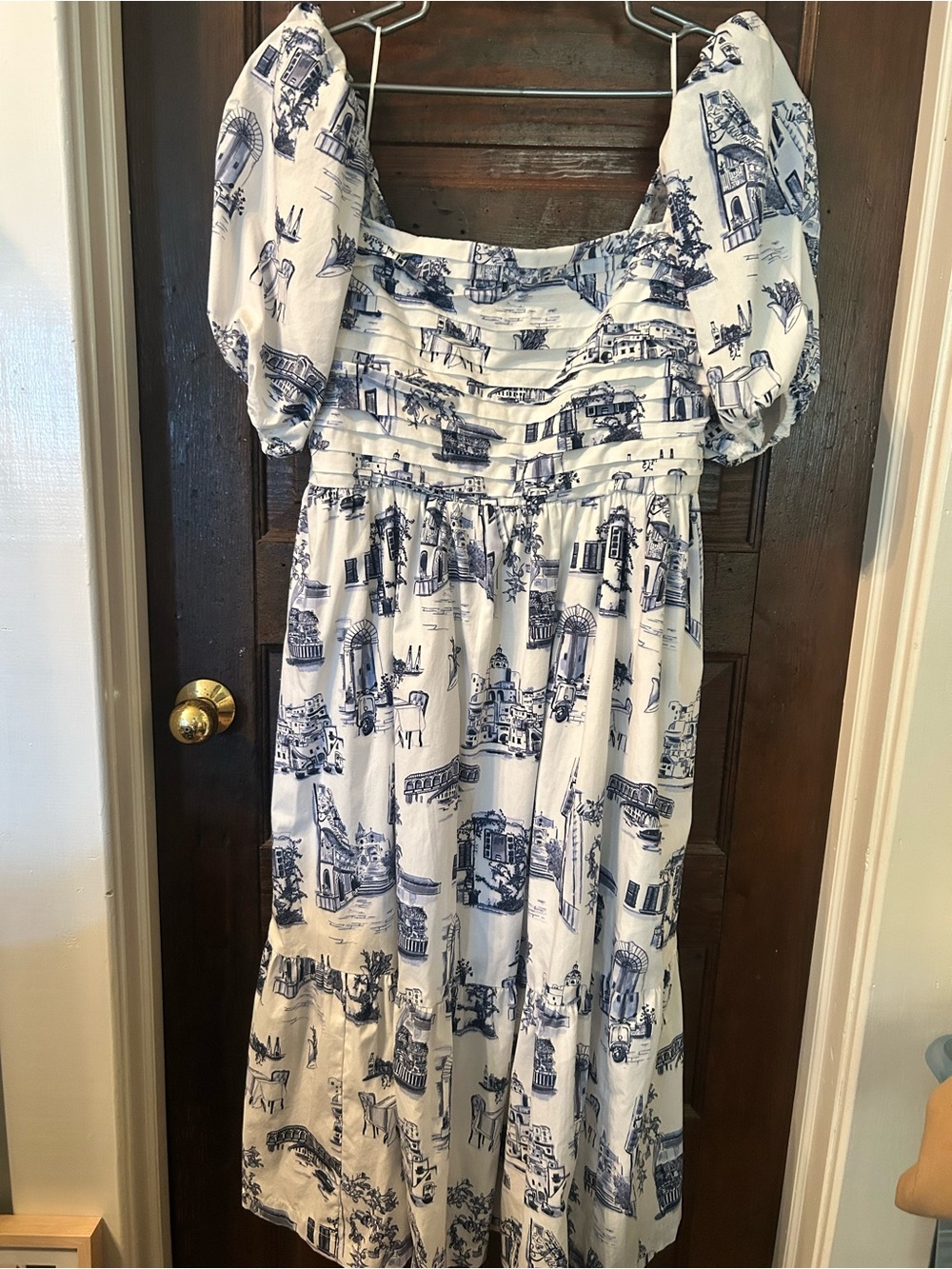 Abercrombie & Fitch Emerson Blue and White Toile Puff Sleeve Midi Dress
